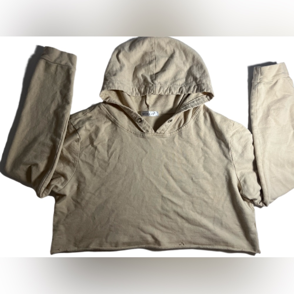 Moxeay Crop Top Hoodie Sweatshirt in Cream Beige Women’s Size Medium
